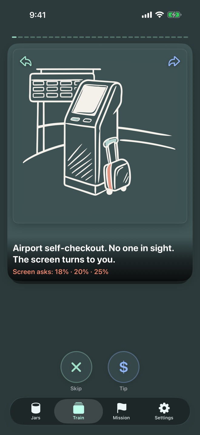 A Train card: airport self-checkout, no one in sight, the screen asks 18%, 20% or 25%. Skip or Tip.