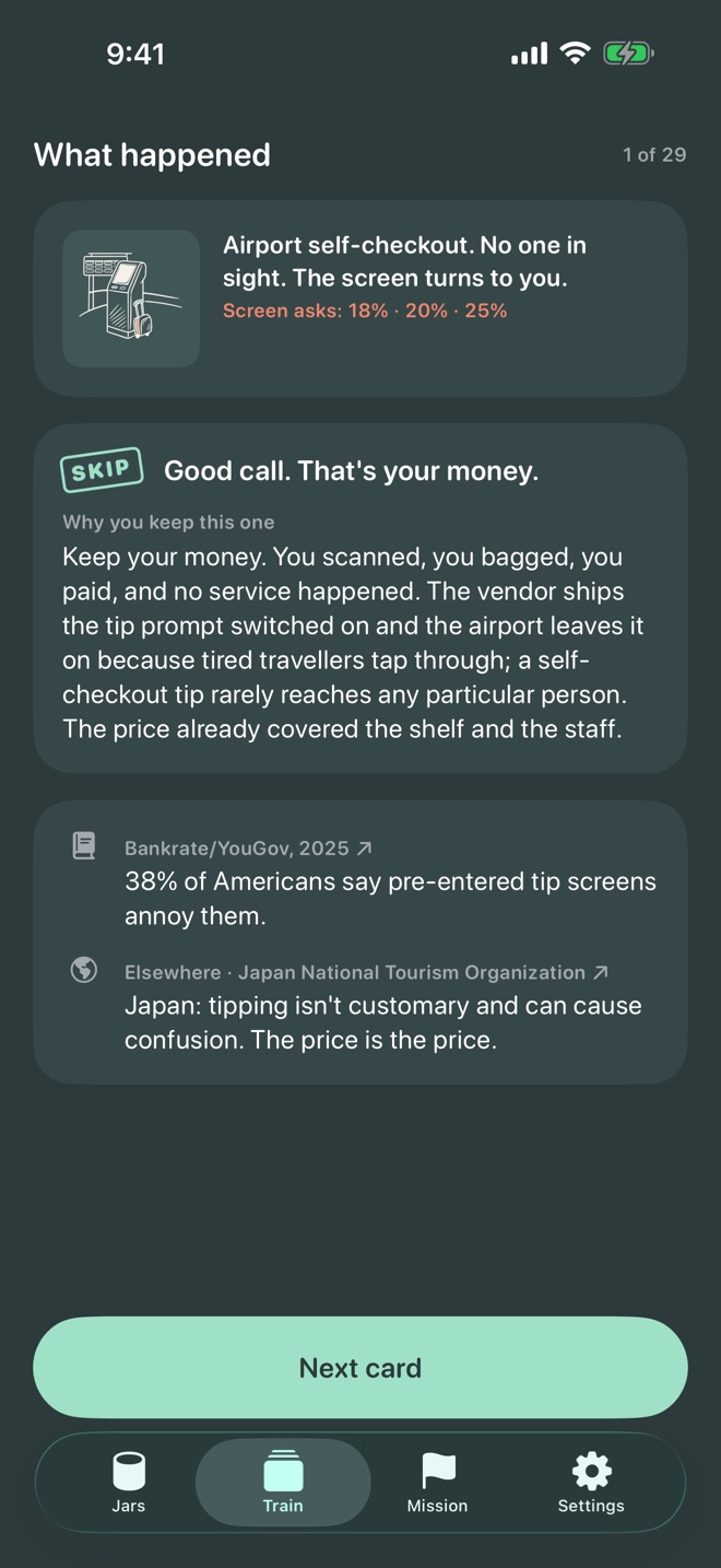 The reveal after a skip: Good call. That's your money. With the reason and a cited survey line.