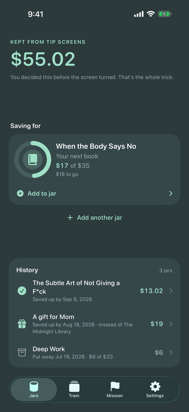 The Jars tab: $55.02 kept from tip screens, saving for a book, and a history of jars already bought.