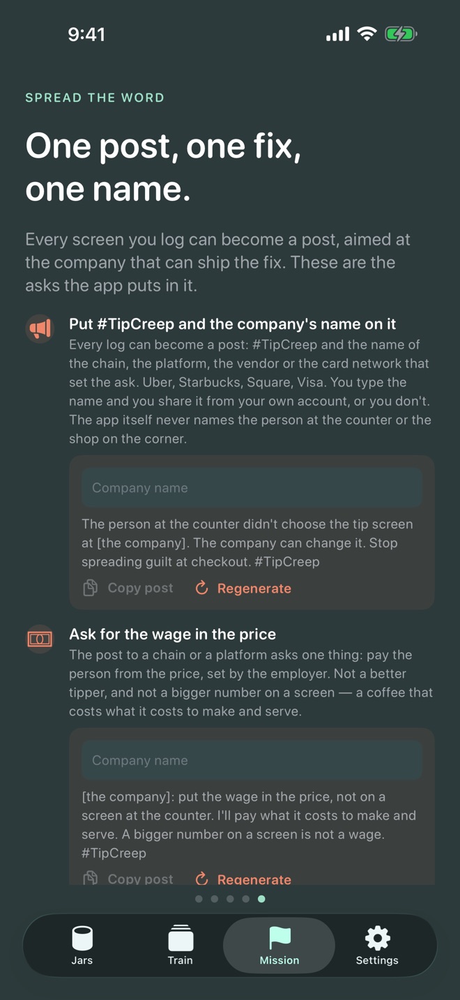 Spread the word: ready posts with #TipCreep and the company's name, Copy post and Regenerate.